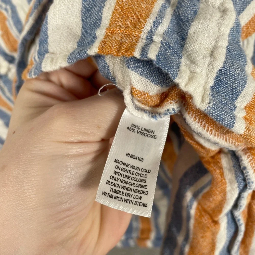 Marc New York Linen Blend Striped Peplum Top Womens Large Blue Orange Tie Waist